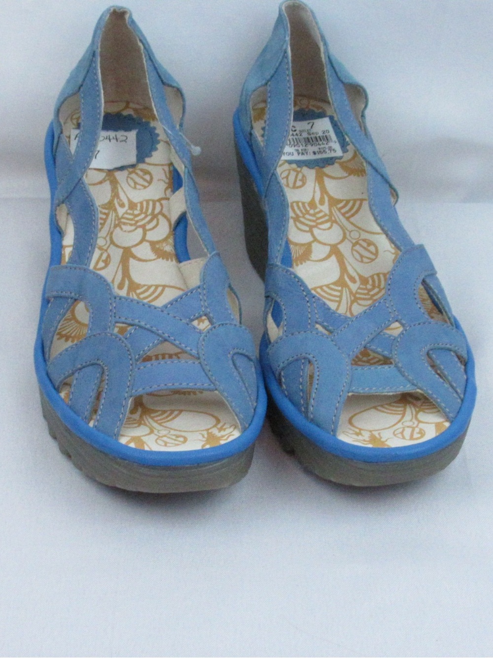 NWOB Fly London Yadi Blue Leather Peep-Toe Slip-On 2.5 Wedge Sandals EU37 US7